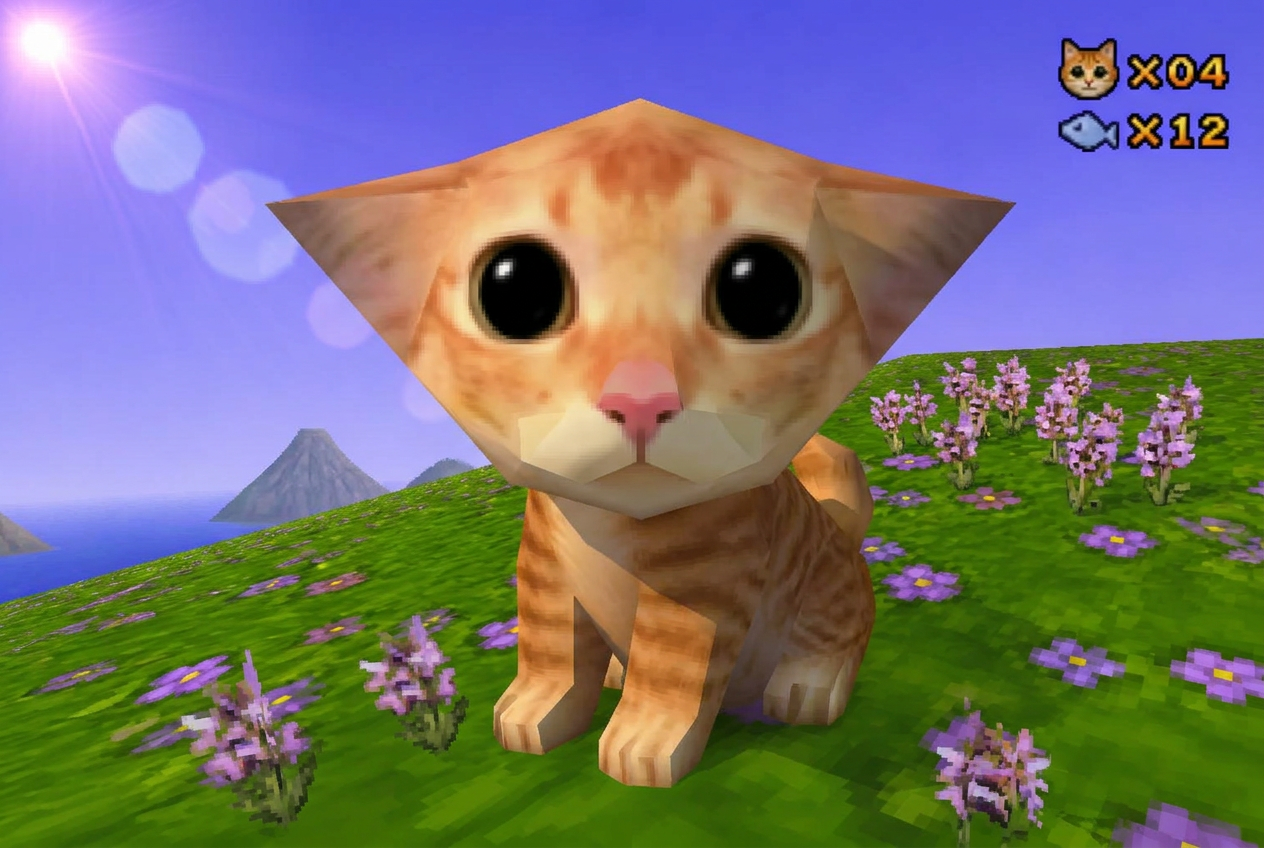 Low-poly orange tabby kitten sitting on a grassy hill of purple pixel flowers under a periwinkle sky